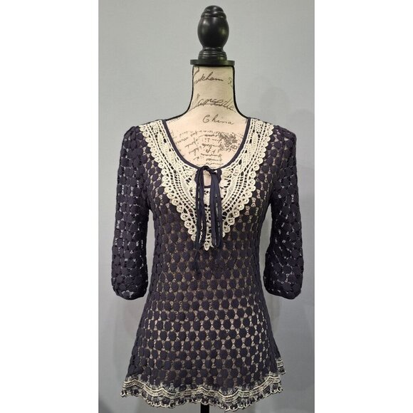 Solitaire Navy Blue Crochet Blouse With Ivory Embroidered Detailing & Tie Neck 3 - Picture 1 of 7